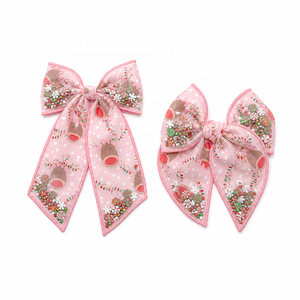 Fiocchi Premium in <span class=keywords><strong>Tulle</strong></span> con Cuciture Overlock Rosa, Perline a <span class=keywords><strong>Fiocco</strong></span> di Neve e Stampa Renne, Decorazioni Natalizie - Product Image 1