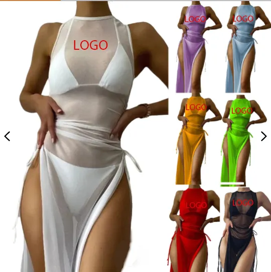 Personalizzato Oem Casual Mesh Cover Up Beach dress Women 3 Piece Set Womans sexy pieghettato abiti da spiaggia donna estate