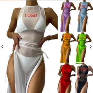 Tùy Chỉnh Oem Lưới Giản Dị Cover Up Bãi Biển Ăn Mặc Phụ Nữ 3 Piece Set Womans Sexy Xếp Li Bãi Biển Dresses Phụ Nữ Mùa Hè