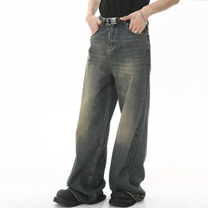 Jeans baggy droits personnalisés pour hommes, style streetwear, en denim de coton délavé foncé, effet usé, vintage et tendance - Product Image 2