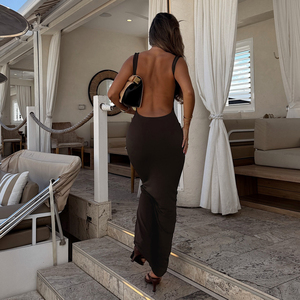 เดรสหางปลาเข้ารูปเปิดหลังแขนกุดคอทรงสี่เหลี่ยมเดรสยาวคลุมพื้นสีทึบสำหรับปาร์ตี้วันหยุดหรูหรา - Product Image 5