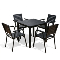 Ensemble de table et chaises de jardin en plastique imitation bois, structure métallique, fauteuils de patio, sièges à lattes