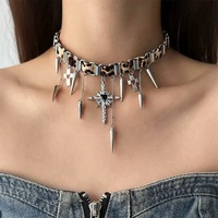 Collier ras du cou punk imprimé léopard, corde gothique Y2K, pendentif croix à pointes, en alliage de cuivre plaqué argent, bijou statement unisexe