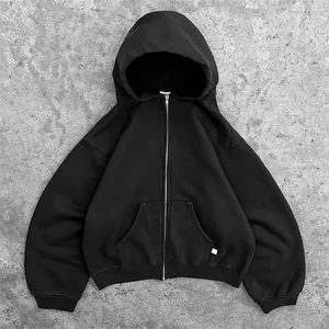 QYOURECLO Custom Logo Streetwear Black Oversized 100% Cotton Heavyweight Zipper Mens Boxy Fit Cropped Zip Up Hoodie