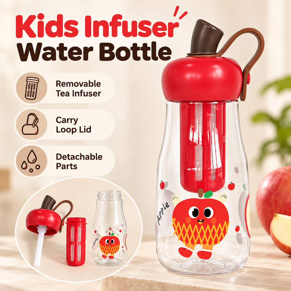 500ml Cartoon Apple Water Bottle with Removable Tea Infuser Straw Lid ...