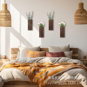 Maceta de madera cuadrada para colgar en la pared, estilo rústico, de madera maciza oscurecida, para plantas verdes. - Product Image 1
