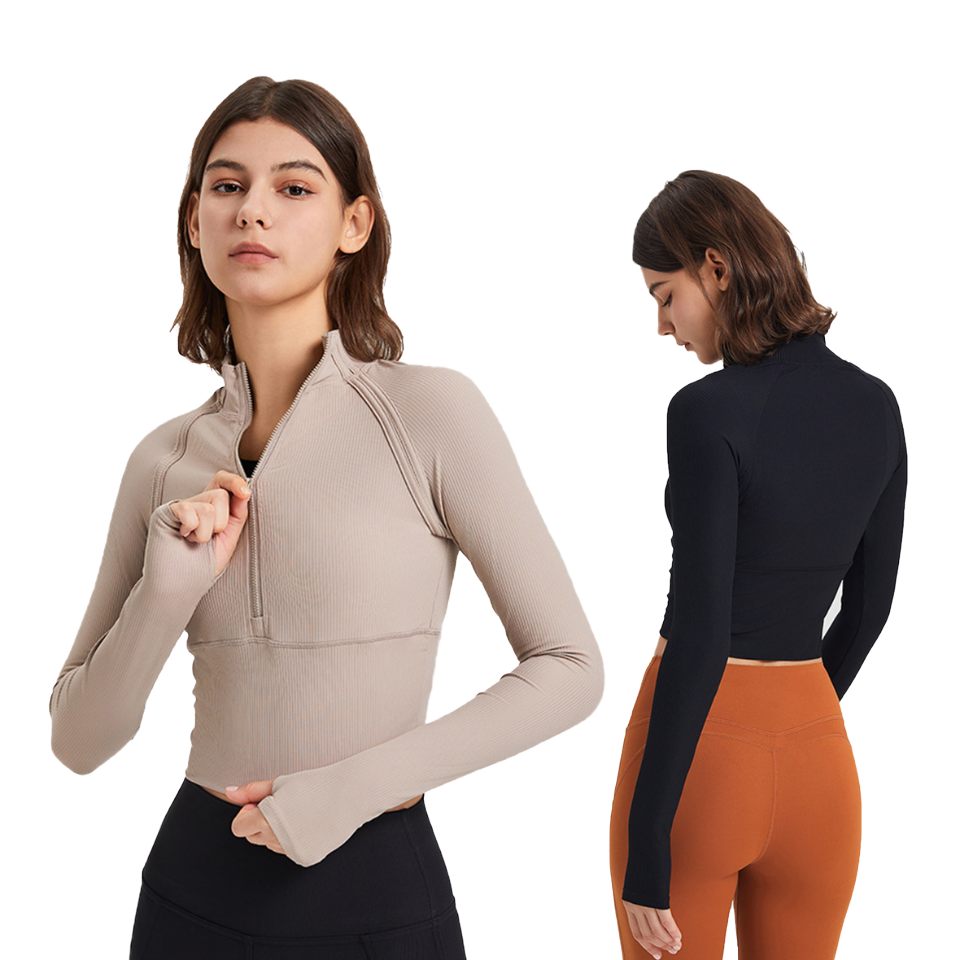 Women's Regular Fit Half-Zip Yoga Top Quick-Drying Moisture Wicking Long-Sleeved Spandex/Nylon Crop Top
