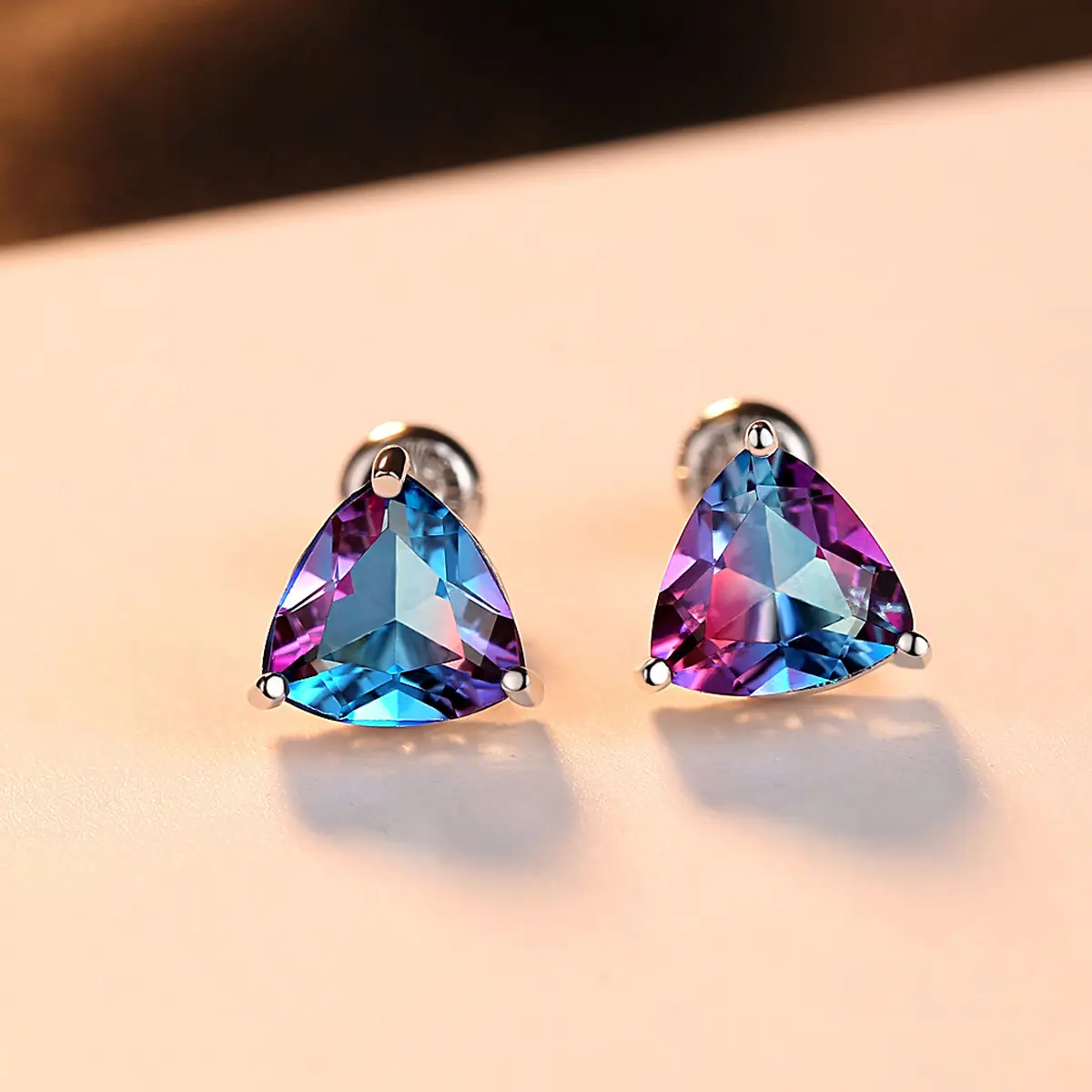 LUOXIN Rainbow Triangle Shape Topaz Women Engagement Real 925 Sterling Silver Stud Earrings