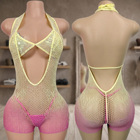 Tenue de performance pour la danse exotique : Ensemble 3 pièces pour femme adulte, comprenant une combinaison bikini résille à strass et dégradé de couleurs, style salle de bal