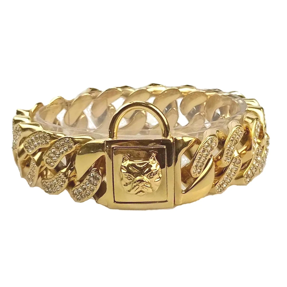 Роскошные золотистые панцирные кубинские звенья с инкрустированными стразами 316L из нержавеющей стали свинцовые индивидуальные цепи для собак