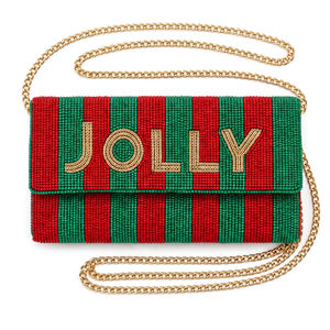 Beaded Striped Clutch <b>Bag</b> Red Green Fold Over Chain Strap Handmade Evening Party Style - Product Image 1