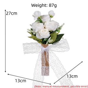 Bouquet de mariée à tenir à la main, roses artificielles blanches avec verdure et nœud en dentelle, pour cérémonie de mariage, accessoire photo - Product Image 6