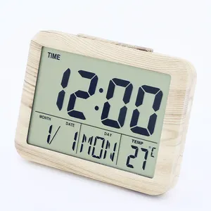 Wooden Color Radio Control JJY DCF MSF Table Desk Digital Alarm LCD Clock Watch Snooze Back Light Clock Factory