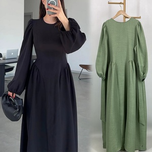 2025 New Arrival Modest Muslim Maxi <b>Dress</b> Pockets Side Pleated Design Elegant Loose Fit <b>Long</b> Sleeve Lightweight Breathable - Product Image 1