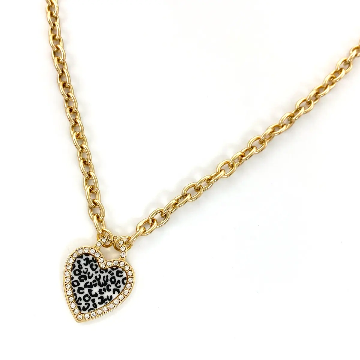 Trendy Vintage Gold Plated Black Leopard Print Heart Crystal Rhinestone Cuba Chain Pendant Necklace for Women