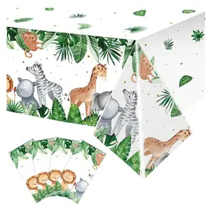 2-Pack 54'' x 108'' Safari Rectangular Tablecloths Cute Jungle Animal Print Plastic Table Cloth for Parties Banquets Home Use