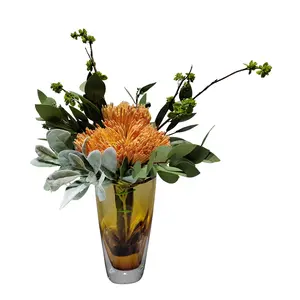 Luxury Christmas Table Decor Centerpiece Artificial Chrysanthemum Flower Arrangement with Coloured Glaze Vase