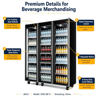 Réfrigérateur vertical commercial à 3 portes vitrées pour boissons, idéal pour supermarchés, épiceries, bars, restaurants, cafés et commerces.