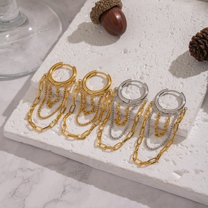 Boucles d'oreilles pendantes en acier inoxydable plaqué or PVD avec pampilles et lignes géométriques, vente en gros - Product Image 2