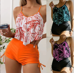 Trajes de Baño Europeos y Americanos con Estampado Multicolor, Corsé con Diseño de Hoja de Loto Grande, Pantalones de Cintura Plana con Cordón Ajustable, Bikini - Product Image 6