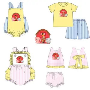 Popular infant clothes wholesale ruffles tops farm cow applique shirt pink striped shorts toddler girl boutique girl outfits