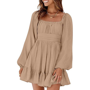 Womens ăn mặc dài đèn lồng tay áo vuông cổ Tie backless sexy ăn mặc Ruffle đàn hồi eo A-line Mini Dress - Product Image 1