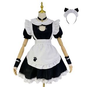 Cat-themed Maid Outfit Black White Apron Paw Print Lolita Cosplay Costume Anime Role Play Women's Dress Summer 2022 - Product Image 5