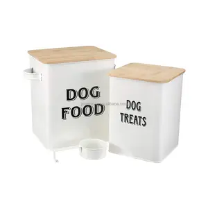 家用金属狗粮储物罐复古设计宠物食品零食储物容器竹盖锡罐