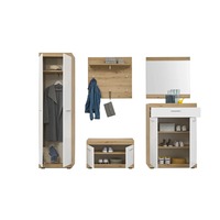 Meuble d'entrée moderne en chêne blanc, arbre d'entrée, ensemble de 5 pièces très brillant avec étagère à chaussures artisanale, banc, miroir, rangement durable