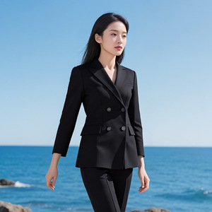 Women's Double Breasted Suit Jacket Black <b>Wool</b> Blend Anti Wrinkle Business Formal Wear For Office Commute - Product Image 2