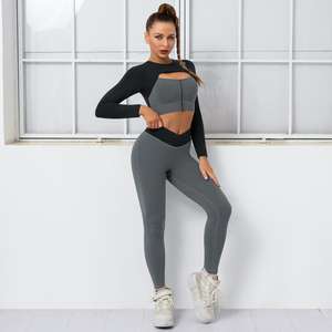 Factory <span class=keywords><strong>Outlet</strong></span> Mujeres Gym Wear Sports <span class=keywords><strong>Fitness</strong></span> Yoga Leggings Cremallera frontal Manga larga Conjuntos de yoga Sujetador deportivo - Product Image 2