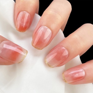 <span class=keywords><strong>Uñas</strong></span> Postizas Color Rosa Nude <span class=keywords><strong>con</strong></span> Degradado Ombre, Purpurina Dorada, Punta Francesa, <span class=keywords><strong>Uñas</strong></span> Postizas Reutilizables, <span class=keywords><strong>Uñas</strong></span> Falsas Cuadradas Cortas para Chicas - Product Image 5