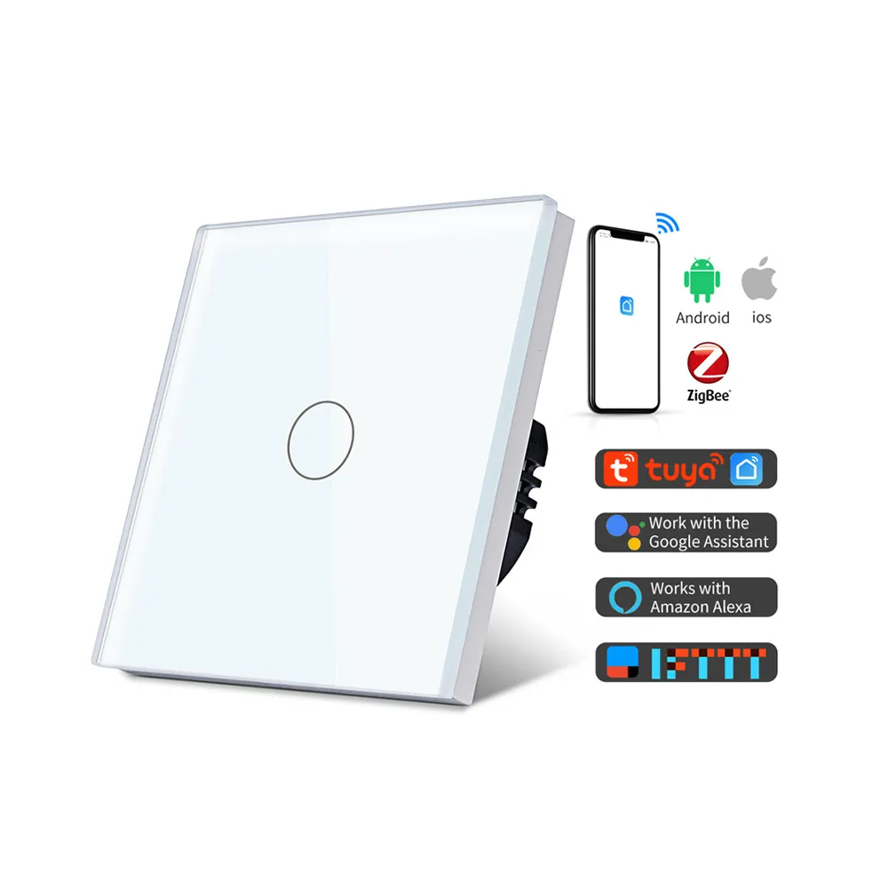 TAWOIA Tuya ZigBee No Neutral Smart 1 Gang 1 Way Switch White Glass Voice Control Light Switch ZigBee Smart Home Products