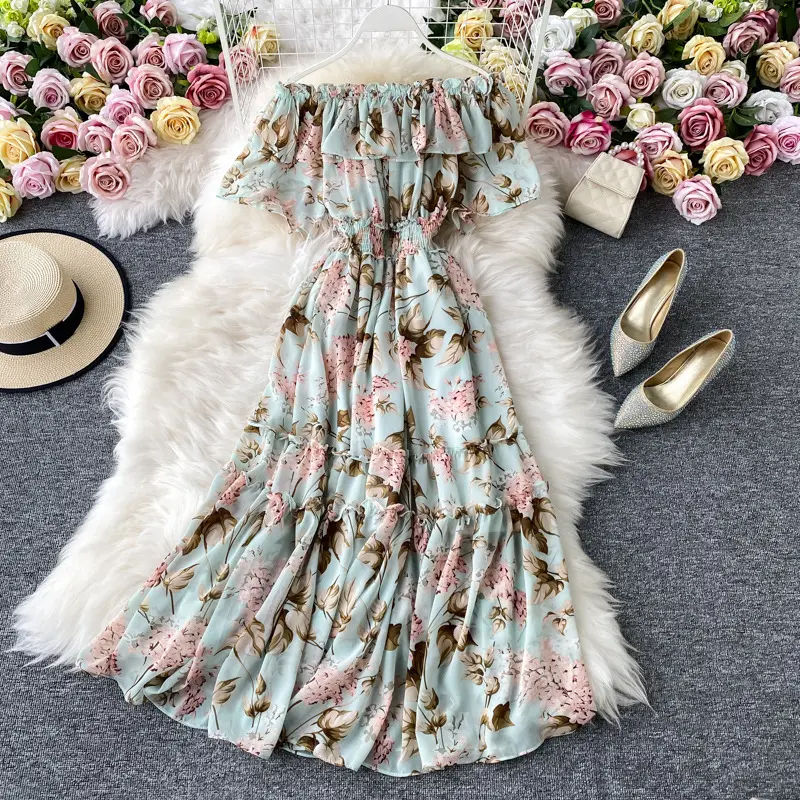 2022 Summer Fashion Women'S Solid Color Long Dress Fashion One-Shoulder Dress Waist Chiffon Dress