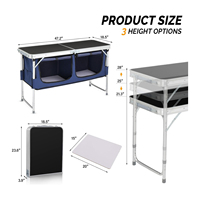 Table de camping pliante portable avec rangement, 3 hauteurs réglables pour barbecue, pique-nique, camping, randonnée, plage, intérieur