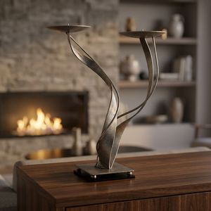Vintage Twisted Ribbon Handmade Pillar Candle Holder Christmas Mid Century Modern Wrought Iron Brutalist Style Antiqued Silver - Product Image 5