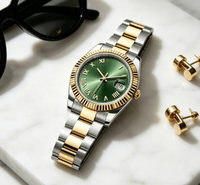 Montre-bracelet bicolore pour hommes d'affaires, cadran vert soleil, chiffres romains, affichage de la date à 3 heures, bracelet en acier