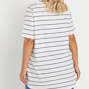 T-shirt rayé en coton authentique à manches courtes pour femme, grande taille, style côtier classique d'inspiration française, vêtement essentiel et décontracté - Product Image 5