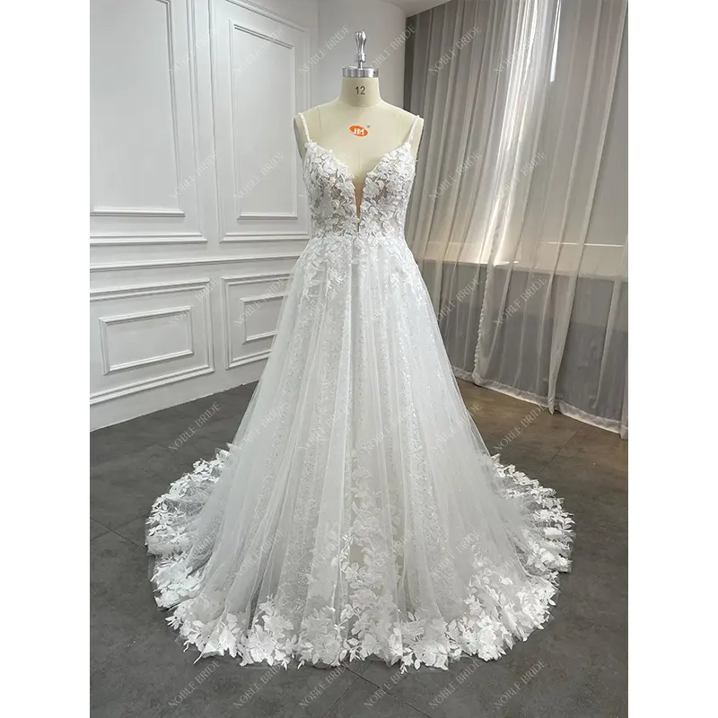 Supplier Boho Lace Applique Glitter Wedding Dresses Elegant Sexy Spaghetti Straps Backless Ivory Beach Gown Vestidos De Novia