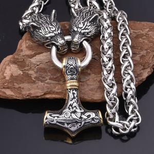 Collana vyking uomo Vintage lupo testa Mjolnir Thor martello ciondolo <span class=keywords><strong>Norse</strong></span> gioielli in acciaio inox imperatore catena collana - Product Image 2