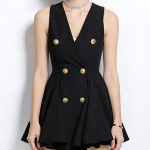 เดรสสั้นแขนกุดติดกระดุมสองแถวสำหรับผู้หญิง - ชุดเดรสออกงานคาดเข็มขัดกระดุมสีทองแฟชั่น - Product Image 4