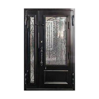 Porte d'entrée double en fer noir avec verre dépoli pour l'extérieur
