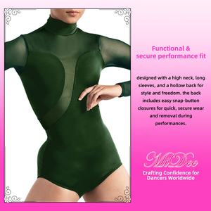 Justaucorps de danse MiDee pour adultes, pour compétitions de ballet, avec col montant, manches longues, dos évidé et empiècements asymétriques - Product Image 4