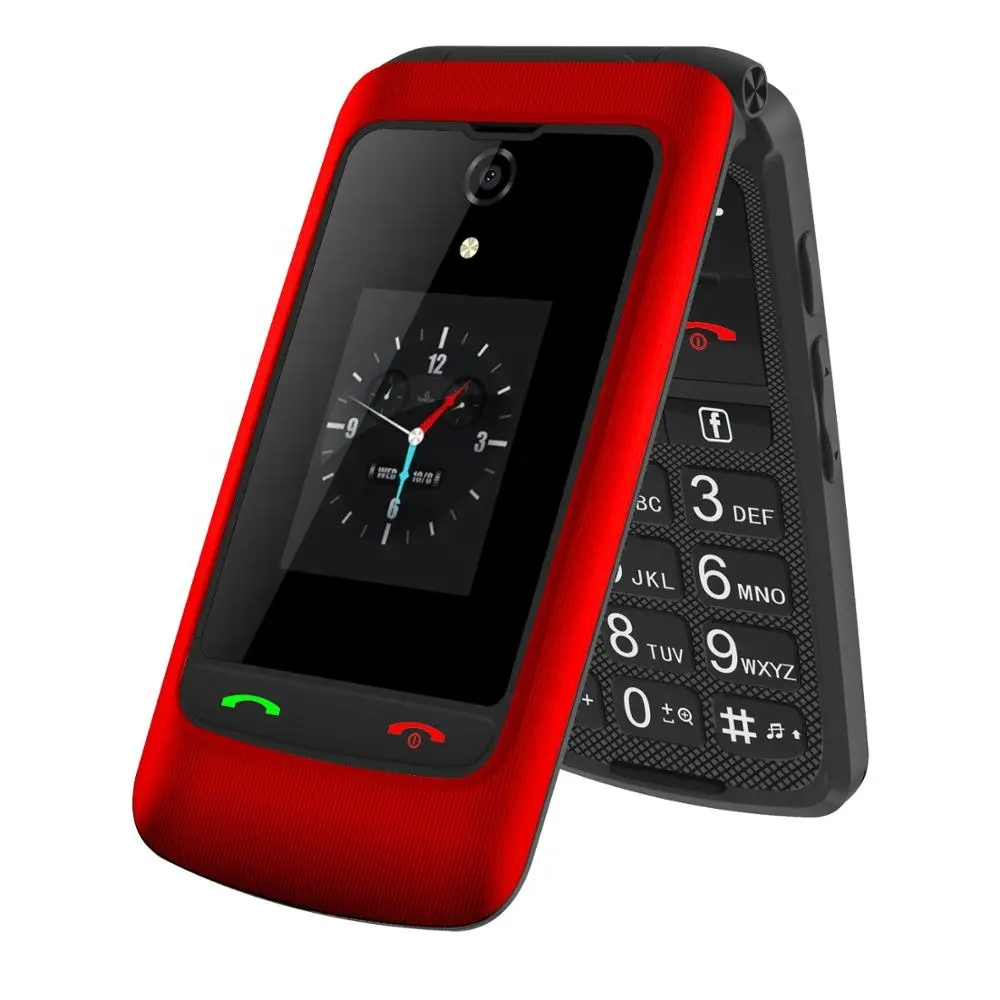 Celular 2G flip com botão grande, alto-falante teclado FM BT desbloqueado, tela dupla de 2,8 + 1,77 polegadas, fácil de usar para celular GSM antigo