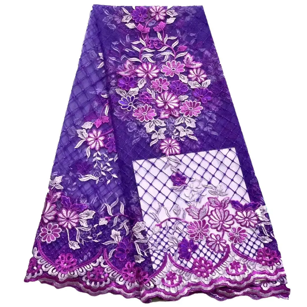 Supoo Purple Stoff hochwertige glänzende drei dimensionale Stickerei Blumen Mesh Stoff High-End-Kleid Spitze Stoff