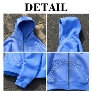 Sudadera con capucha para hombre, personalizada, de algodón grueso de 500 g/m², con hombros caídos, adornada con perlas, estilo vintage, con cremallera, color rosa - Product Image 6