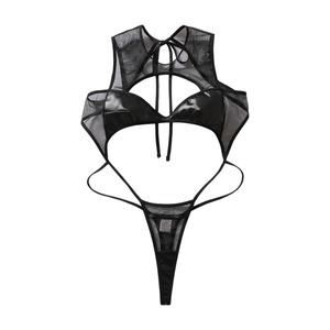 Lingerie e Costumi Sexy, Body <span class=keywords><strong>in</strong></span> Pelle PU Nera con Inserti <span class=keywords><strong>in</strong></span> Rete <span class=keywords><strong>Trasparente</strong></span>, Intimo Femminile Traforato con Lacci, Vendita all'Ingrosso OEM ODM - Product Image 5