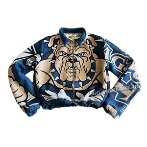 เสื้อแจ็คเก็ตวาร์ซิตี้ผ้าทอสำหรับผู้ชาย แบบครอป สั่งทำได้ ทรงโอเวอร์ไซส์ ซิปแบบบอมเบอร์ สไตล์วินเทจ ลายผ้าทอ สำหรับมหาวิทยาลัย ชมรมนักเรียน และชมรมนักกีฬา - Product Image 1