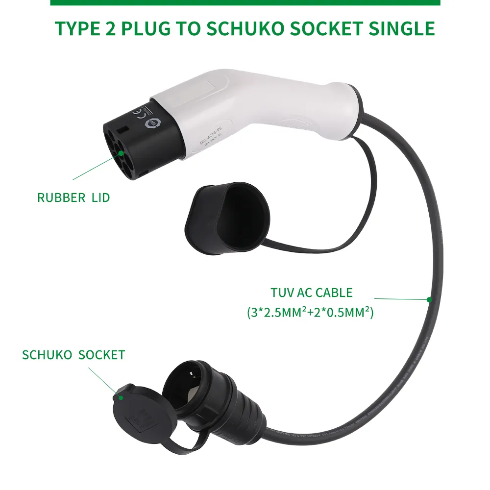 16A 1Phase EV Charger Type 2 EVSE Plug Adapter Type2 PLug to Schuko Socket for Charging Station