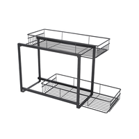 Rak Keranjang Kawat Logam Geser 2 Tingkat untuk Organizer Dapur, Kamar Mandi, Lemari, dan Meja Dapur